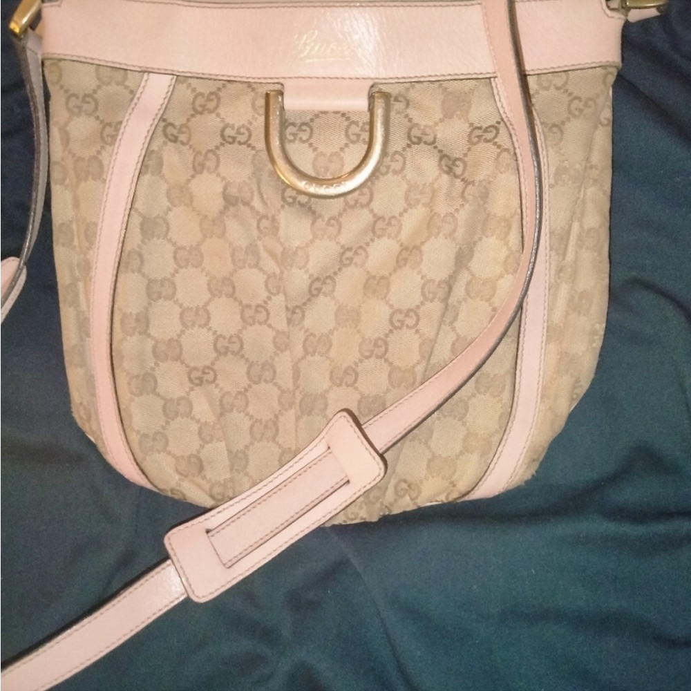 Gucci Abby D Ring Pink Leather and Beige GG Canvas Crossbody /Messenger … - Picture 9 of 16